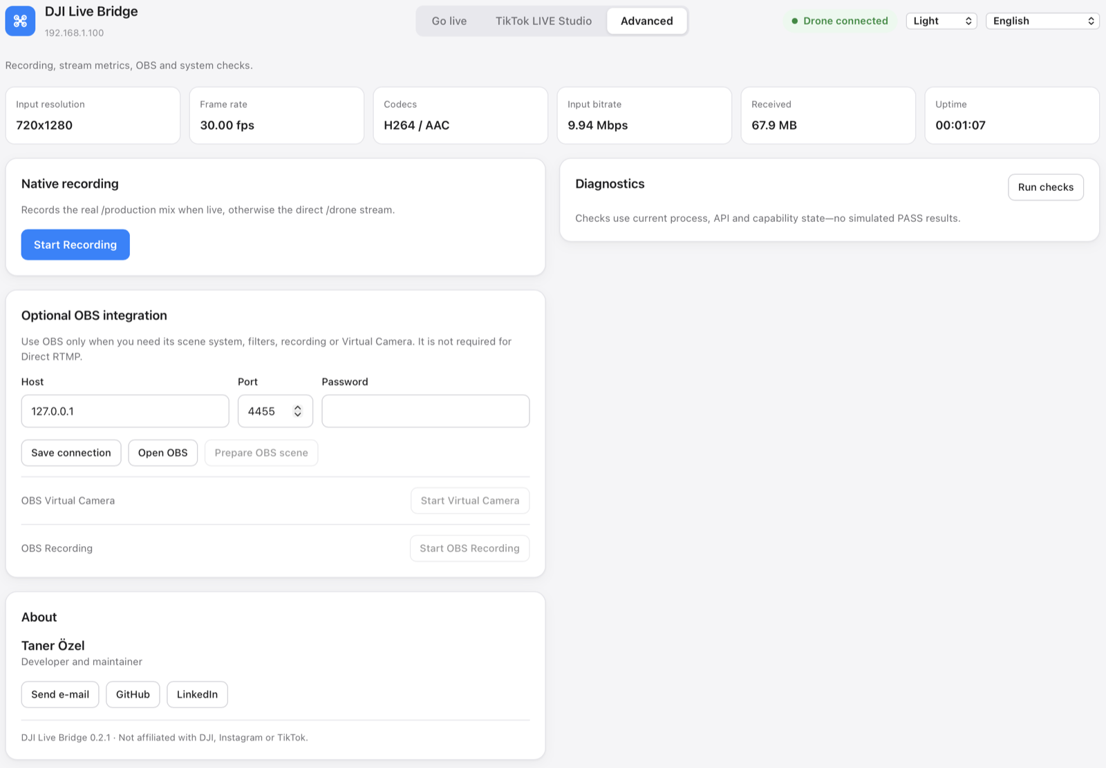 The Advanced tab with stream metrics, recording, OBS integration, diagnostics and the About card.