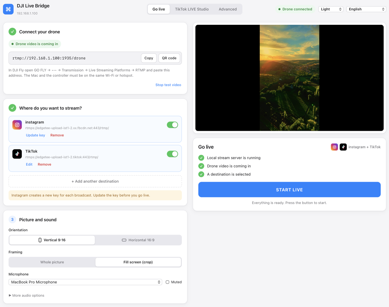 The Go live tab: connect your drone, choose destinations, then press START LIVE.