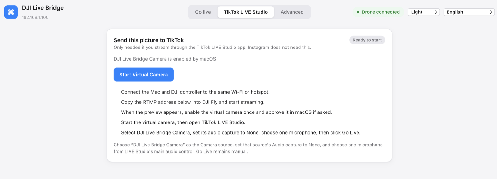 The TikTok LIVE Studio tab with the Start Virtual Camera button and step-by-step instructions.